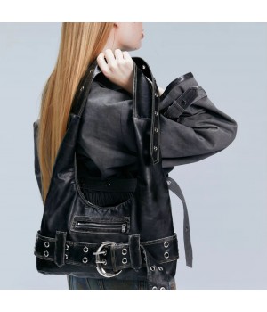 Adjustable Shoulder Strap Women's Bag Y2K Spicy Girl Wasteland Style Punk Leather Shoulder Bag